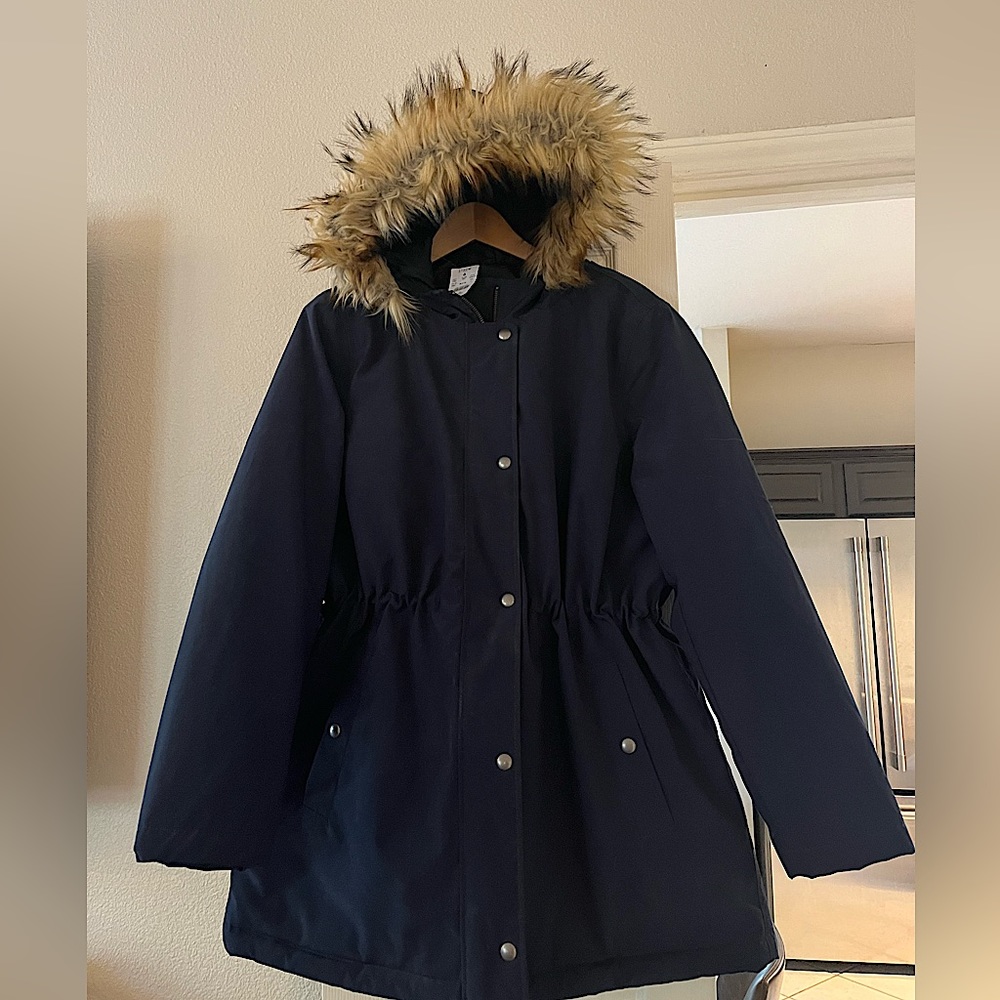 J. Crew Faux Navy Fur Trimmed Parka.